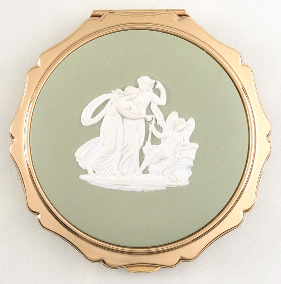 Cream Color on Celadon Jasperware Compact with Mirror by Wedgwood-1