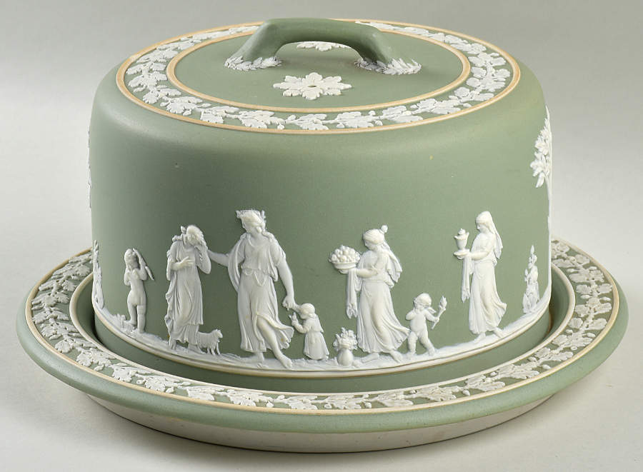 Cream Color on Celadon Jasperware Round Cheese Dish & Lid by Wedgwood-1