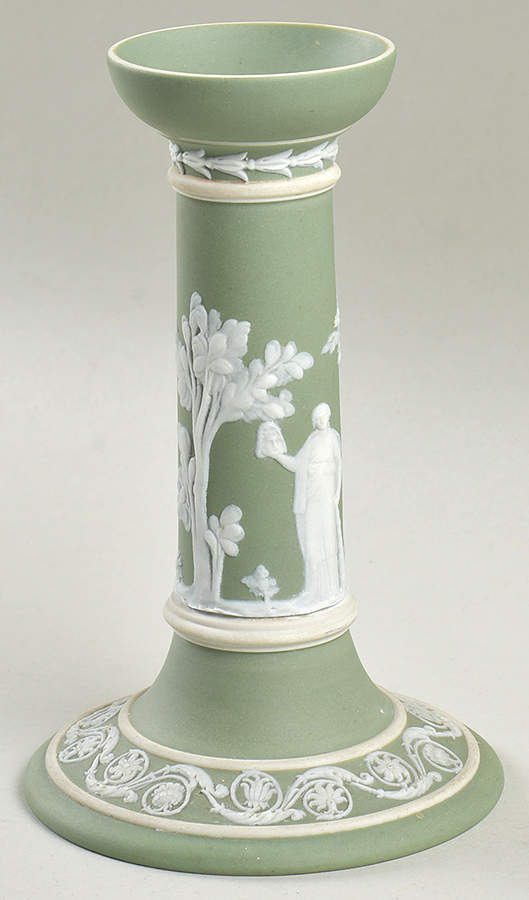 Cream Color on Celadon Jasperware 6" Pillar Candleholder by Wedgwood-1