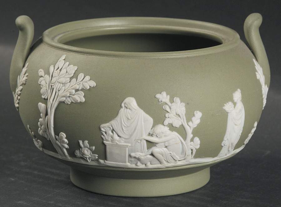 Cream Color on Celadon Jasperware Sugar Bowl No Lid by Wedgwood-1