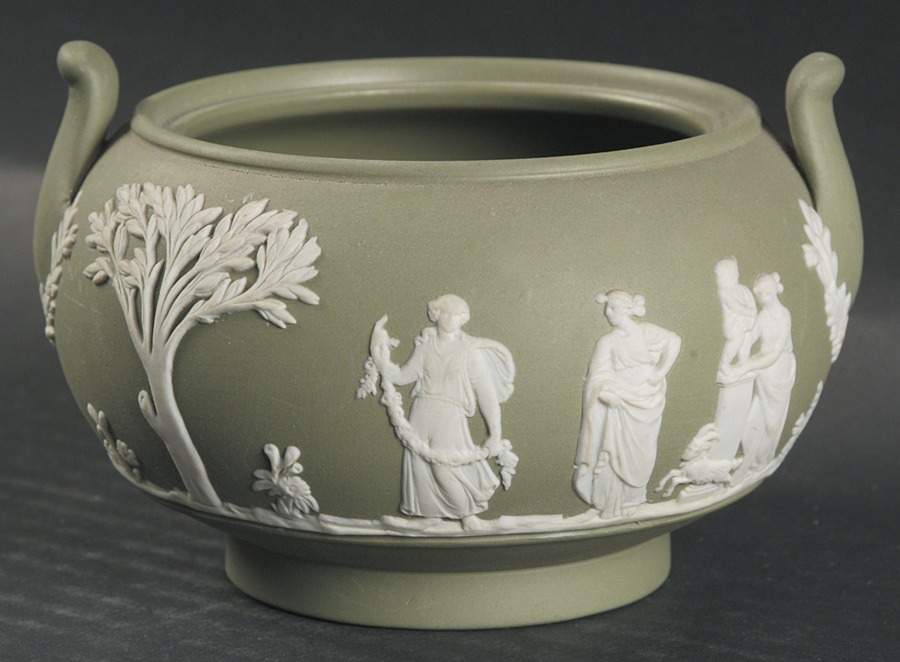 Cream Color on Celadon Jasperware Sugar Bowl No Lid by Wedgwood-1
