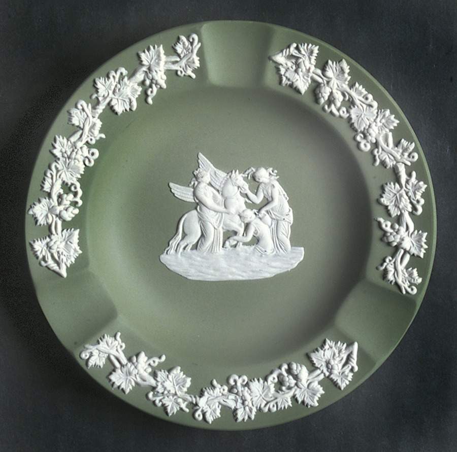 Cream Color on Celadon Jasperware 3 Slot Round Ashtray by Wedgwood-1