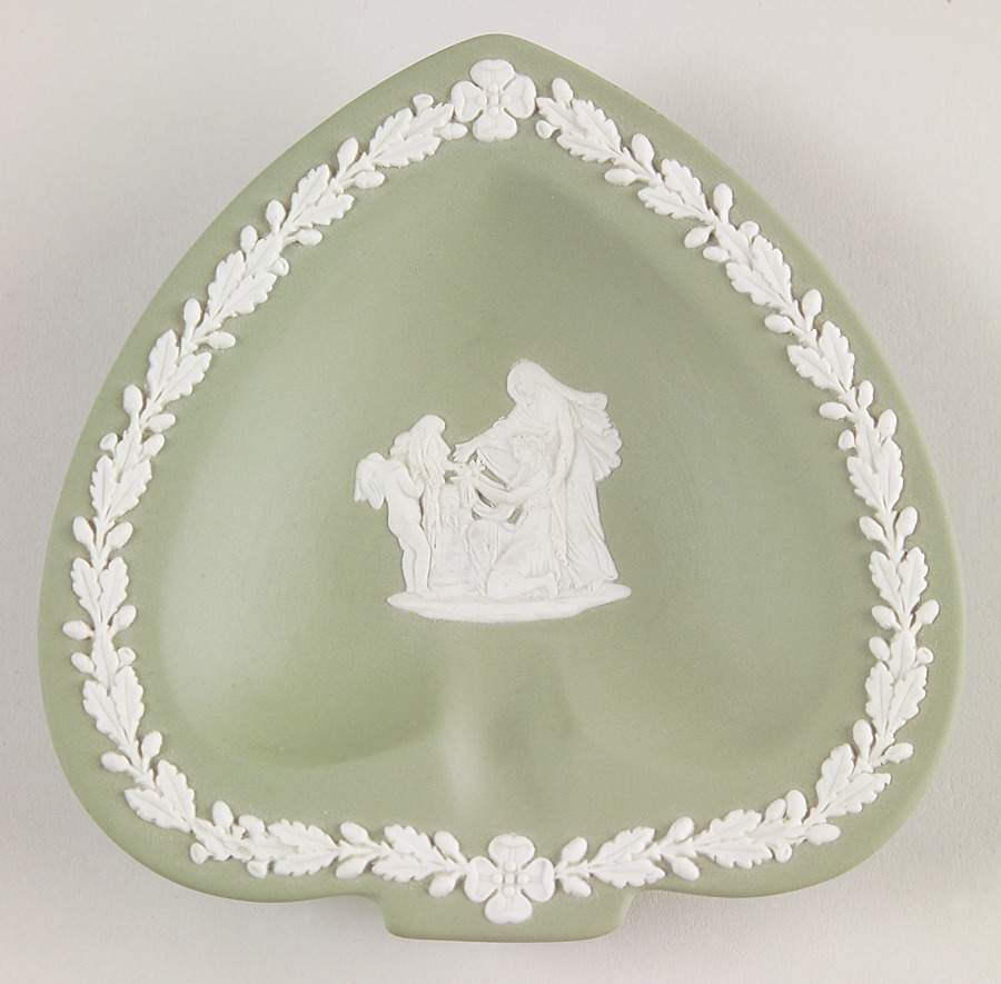 Cream Color on Celadon Jasperware Small Spade Shape Ashtray by Wedgwood-1