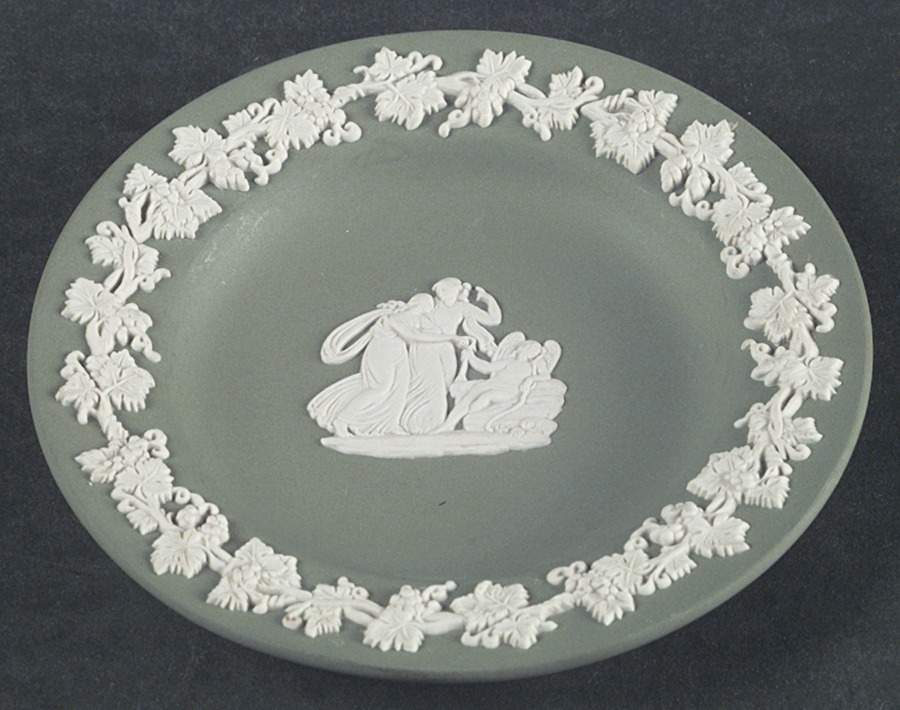 Cream Color on Celadon Jasperware 4" Round Tray by Wedgwood-1