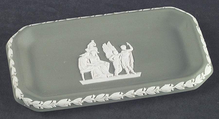 Cream Color on Celadon Jasperware 6" Oblong Tray by Wedgwood-1
