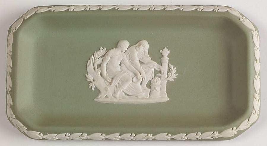 Cream Color on Celadon Jasperware 6" Oblong Tray by Wedgwood-1