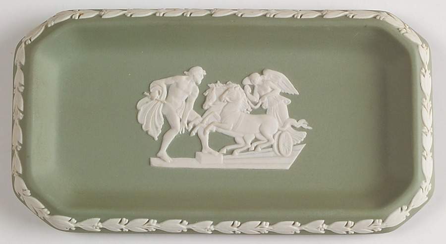 Cream Color on Celadon Jasperware 6" Oblong Tray by Wedgwood-1