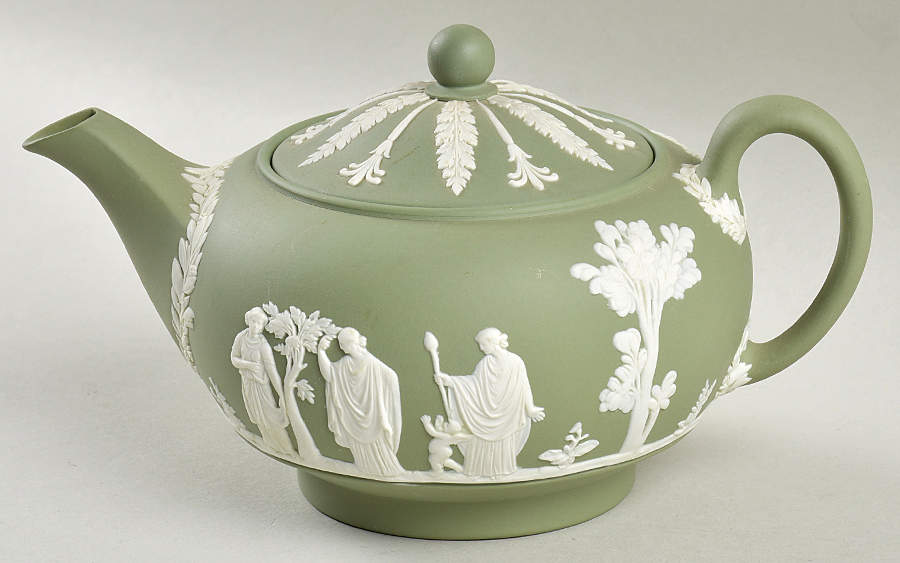 Cream Color on Celadon Jasperware Mini Teapot & Lid by Wedgwood-1