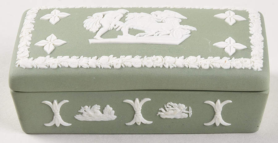 Cream Color on Celadon Jasperware 3" Rectangular Box & Lid by Wedgwood-1