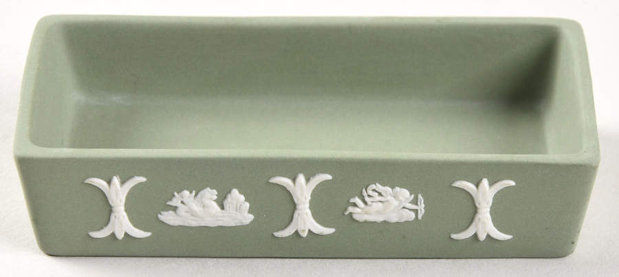 Cream Color on Celadon Jasperware 3" Rectangular Box-No Lid by Wedgwood-1