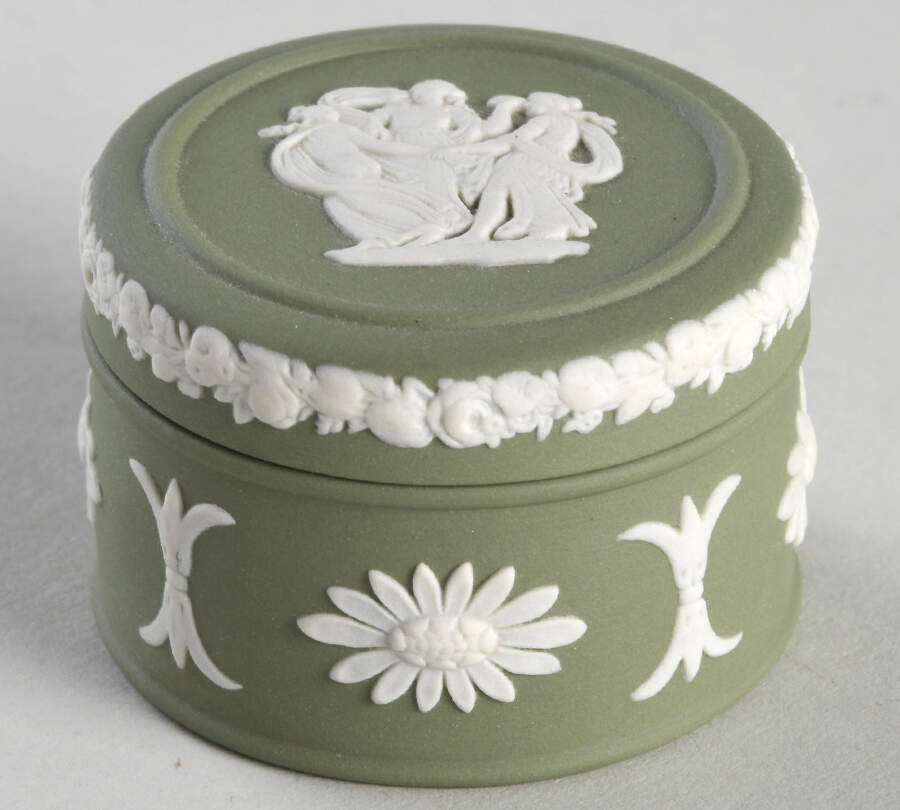 Cream Color on Celadon Jasperware Miniature Round Box by Wedgwood-1