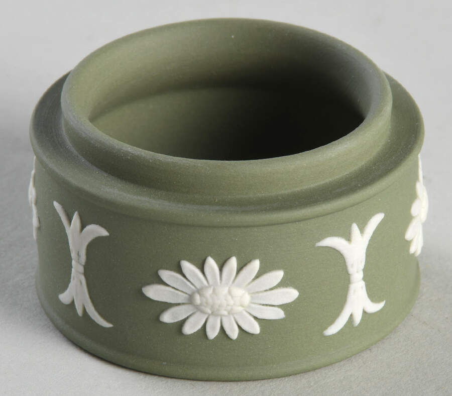 Cream Color on Celadon Jasperware Miniature Round Box No Lid by Wedgwood-1