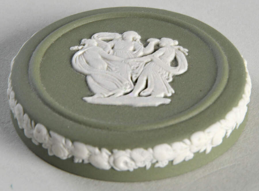 Cream Color on Celadon Jasperware Lid for Miniature Round Box by Wedgwood-1