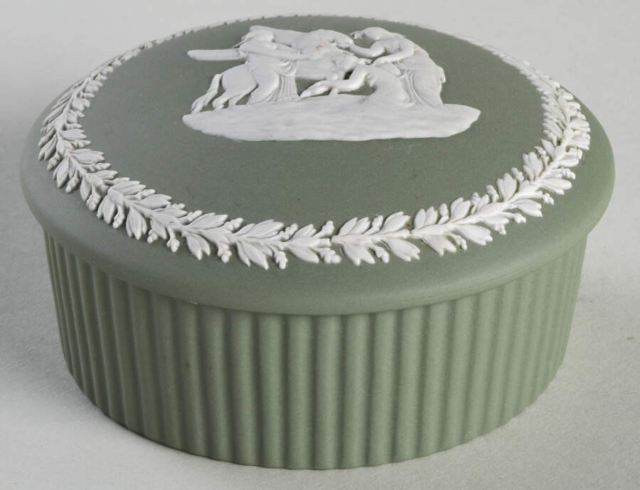 Cream Color on Celadon Jasperware 2" Round Fluted Box & Lid by Wedgwood-1