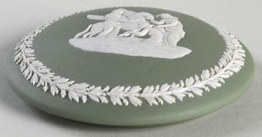 Cream Color on Celadon Jasperware 2" Round Fluted Box-Lid by Wedgwood-1