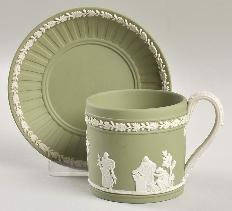 Cream Color on Celadon Jasperware Brewster Flat Cup & Saucer Set by Wedgwood-1