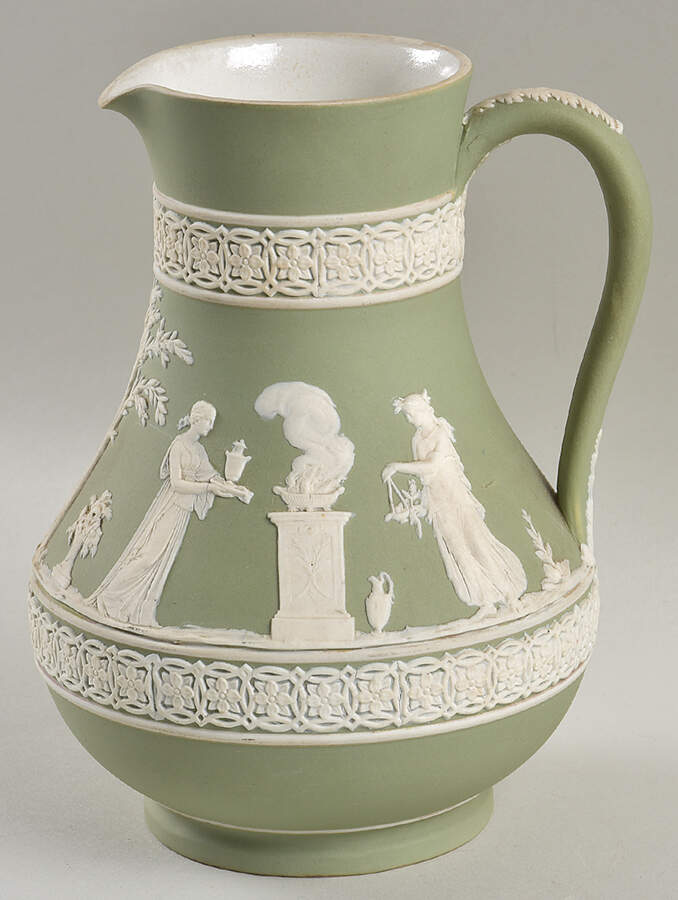 Cream Color on Celadon Jasperware 7" Etruscan Jug by Wedgwood-1