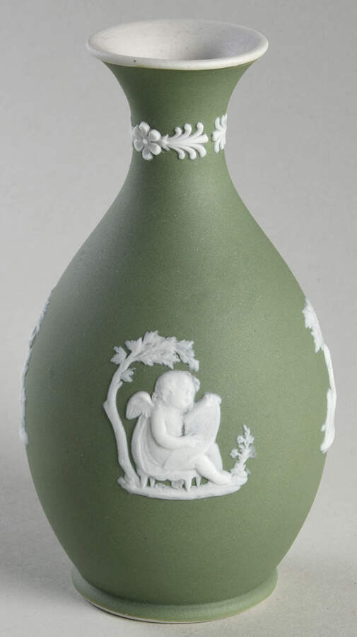 Cream Color on Celadon Jasperware Arcadian Bud Vase by Wedgwood-1