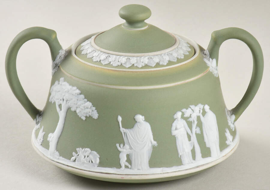 Cream Color on Celadon Jasperware Sugar Bowl & Lid by Wedgwood-1