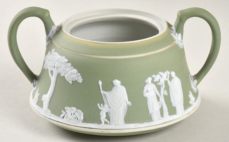 Cream Color on Celadon Jasperware Sugar Bowl No Lid by Wedgwood-1