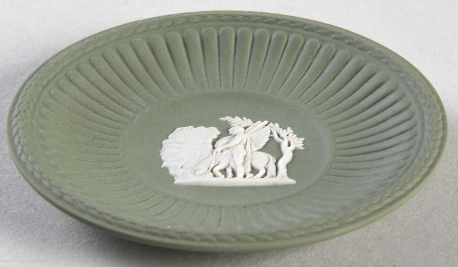 Cream Color on Celadon Jasperware Round Fluted Compotier by Wedgwood-1
