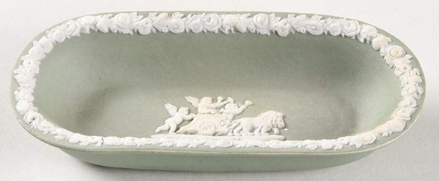 Cream Color on Celadon Jasperware Pin Tray by Wedgwood-1