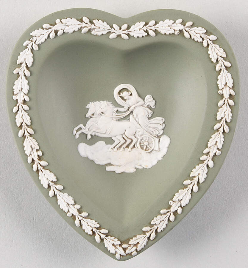 Cream Color on Celadon Jasperware Small Heart Shape Ashtray by Wedgwood-1