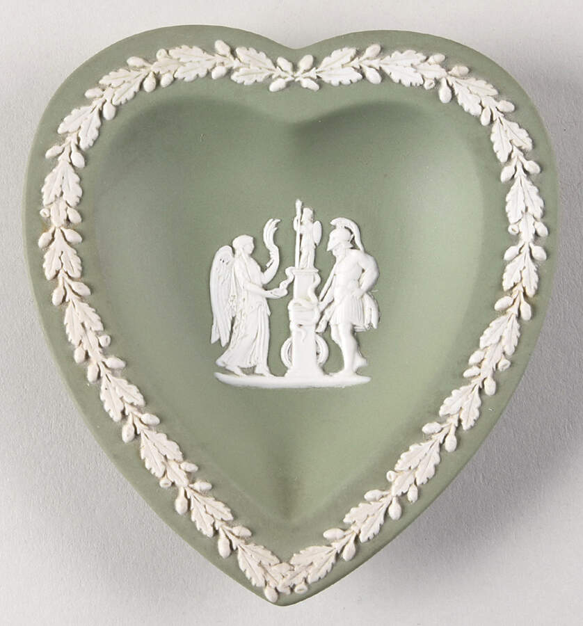 Cream Color on Celadon Jasperware Small Heart Shape Ashtray by Wedgwood-1