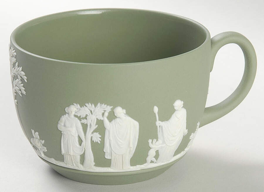 Cream Color on Celadon Jasperware Flat Cup by Wedgwood-1