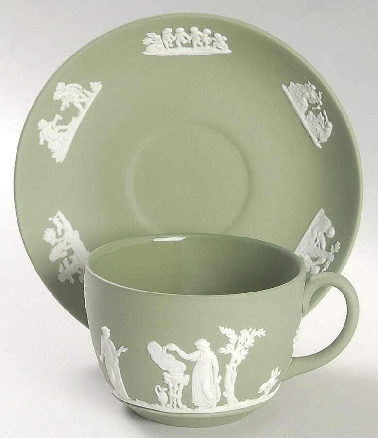 Cream Color on Celadon Jasperware Flat Cup & Saucer Set by Wedgwood-1