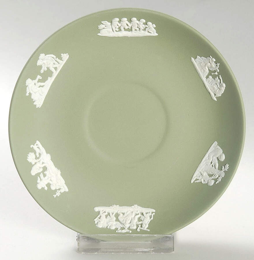 Cream Color on Celadon Jasperware Saucer for Flat Cup by Wedgwood-1