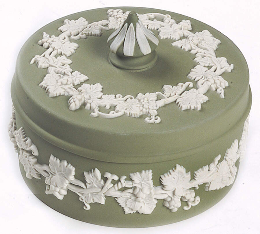Cream Color on Celadon Jasperware Small Spiked Knob Box by Wedgwood-1