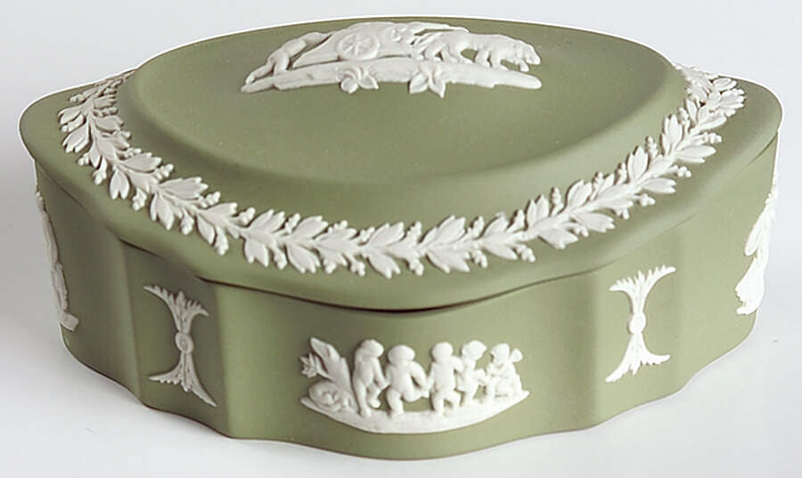 Cream Color on Celadon Jasperware Silver/Candy Box & Lid by Wedgwood-1