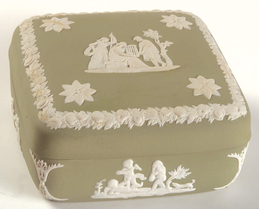 Cream Color on Celadon Jasperware Oblong Box & Lid by Wedgwood-1