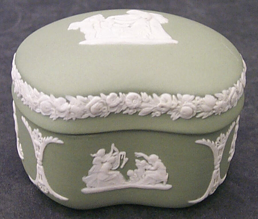 Cream Color on Celadon Jasperware Bean Box & Lid by Wedgwood-1