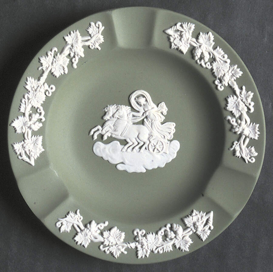 Cream Color on Celadon Jasperware 3 Slot Round Ashtray by Wedgwood-1