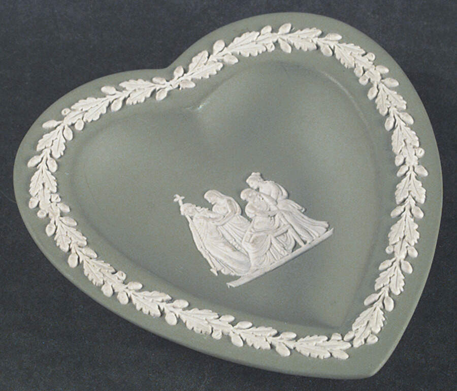 Cream Color on Celadon Jasperware Small Heart Shape Ashtray by Wedgwood-1
