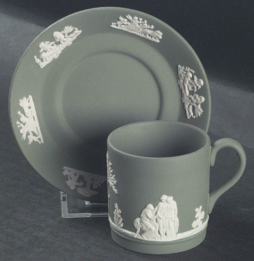 Cream Color on Celadon Jasperware Flat Demitasse Cup & Saucer Set by Wedgwood-1
