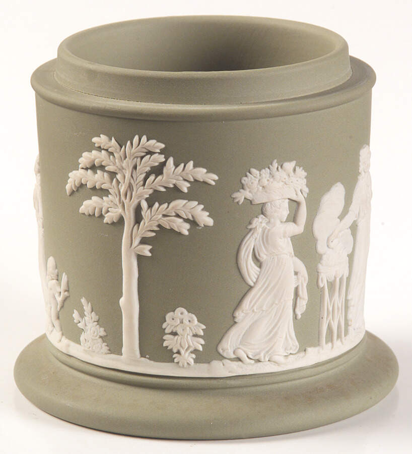 Cream Color on Celadon Jasperware Cigarette Jar No Lid by Wedgwood-1