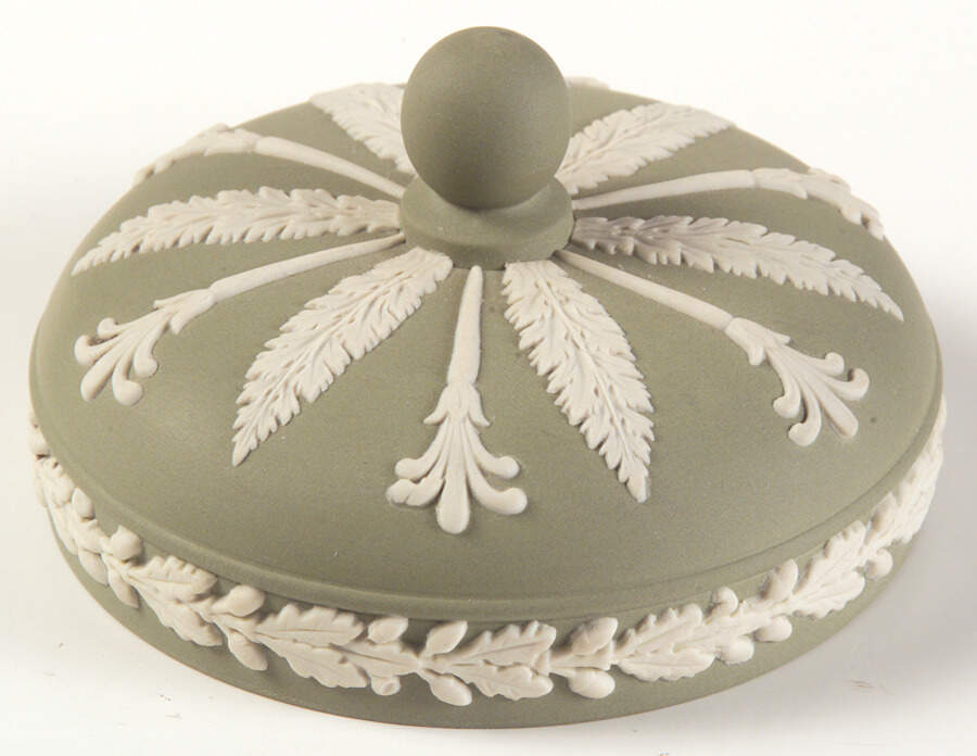 Cream Color on Celadon Jasperware Lid for Cigarette Jar by Wedgwood-1