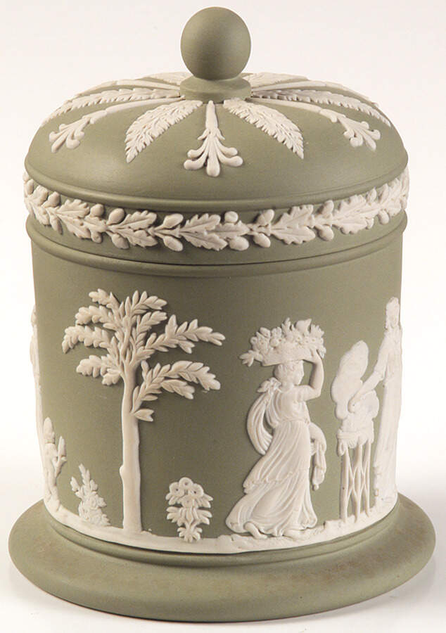 Cream Color on Celadon Jasperware Cigarette Jar & Lid by Wedgwood-1