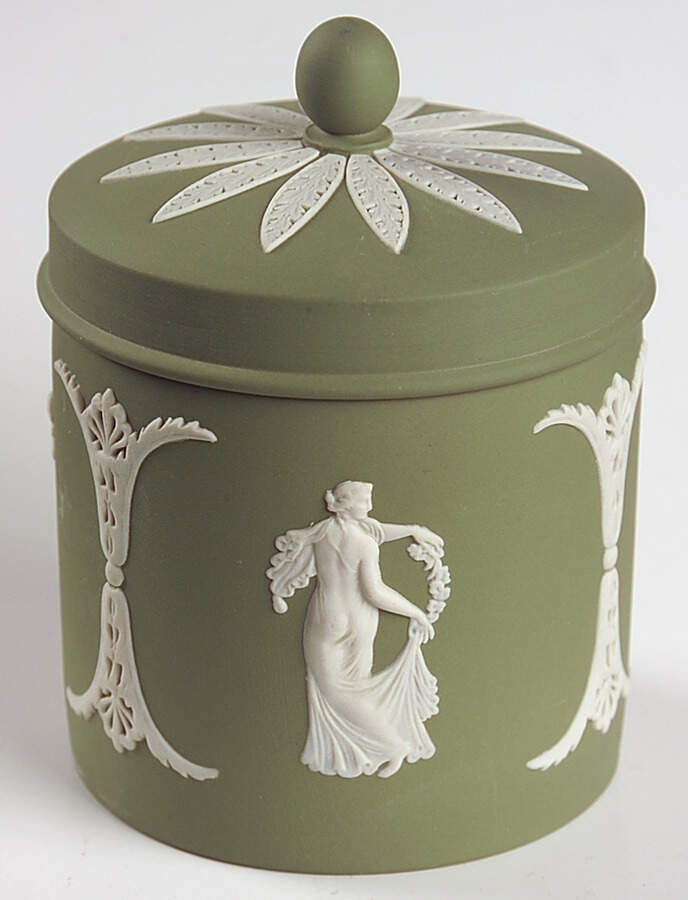 Cream Color on Celadon Jasperware Candy Jar & Lid by Wedgwood-1
