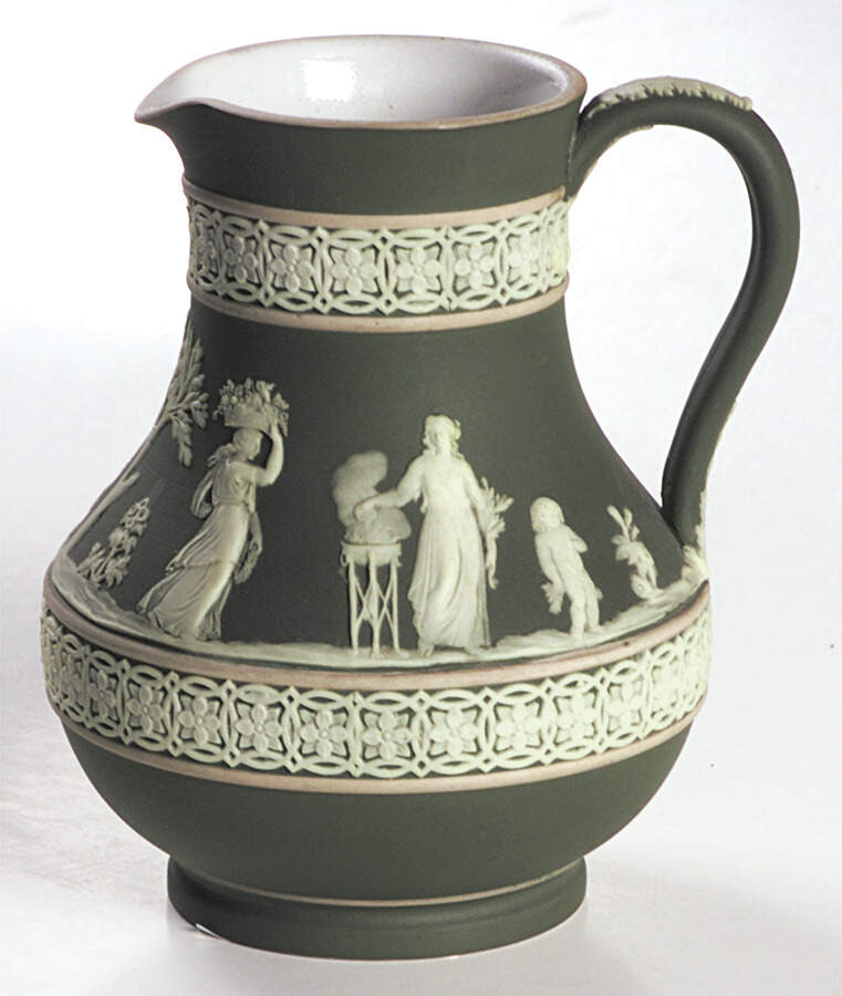Cream Color on Celadon Jasperware 6" Etruscan Jug by Wedgwood-1