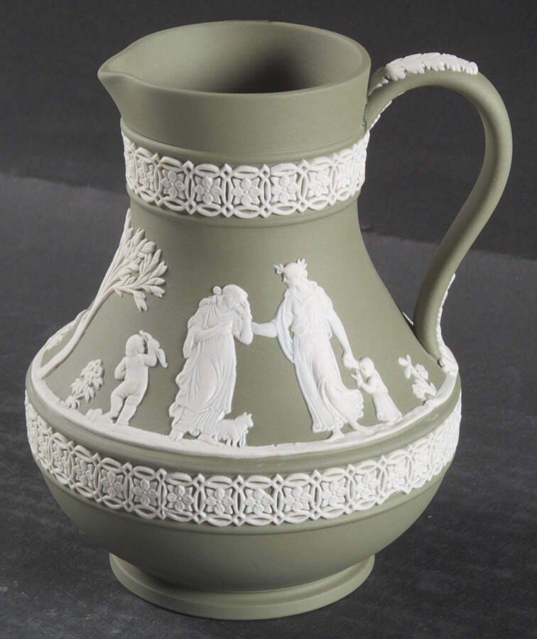 Cream Color on Celadon Jasperware 5" Etruscan Jug by Wedgwood-1