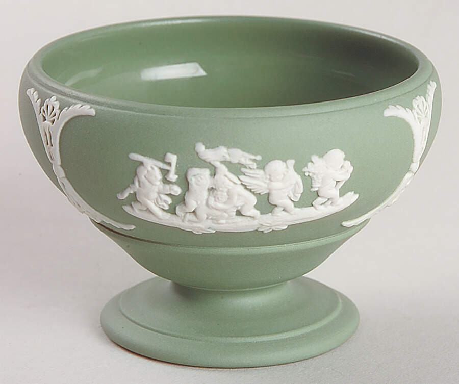 Cream Color on Celadon Jasperware Salt Cellar by Wedgwood-1