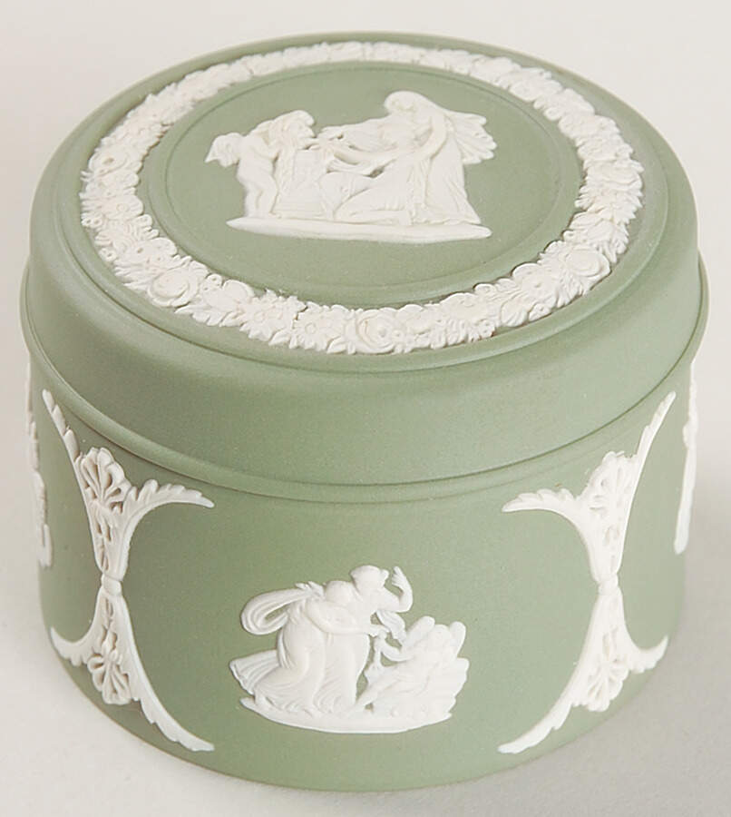 Cream Color on Celadon Jasperware Box-Round/Miniature by Wedgwood-1