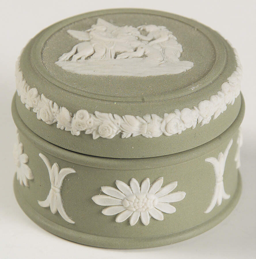 Cream Color on Celadon Jasperware Miniature Round Box by Wedgwood-1