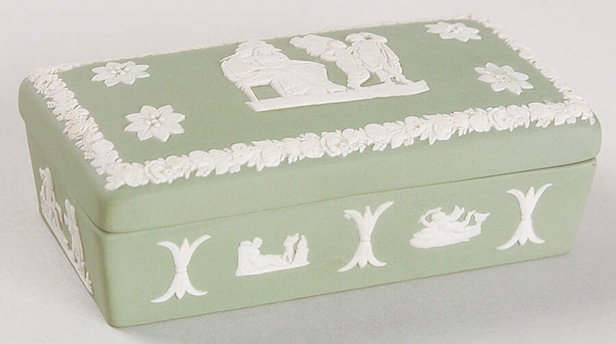Cream Color on Celadon Jasperware 3" Rectangular Box & Lid by Wedgwood-1
