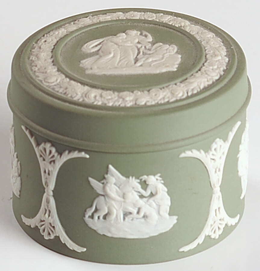 Cream Color on Celadon Jasperware 2" Round Box & Lid by Wedgwood-1