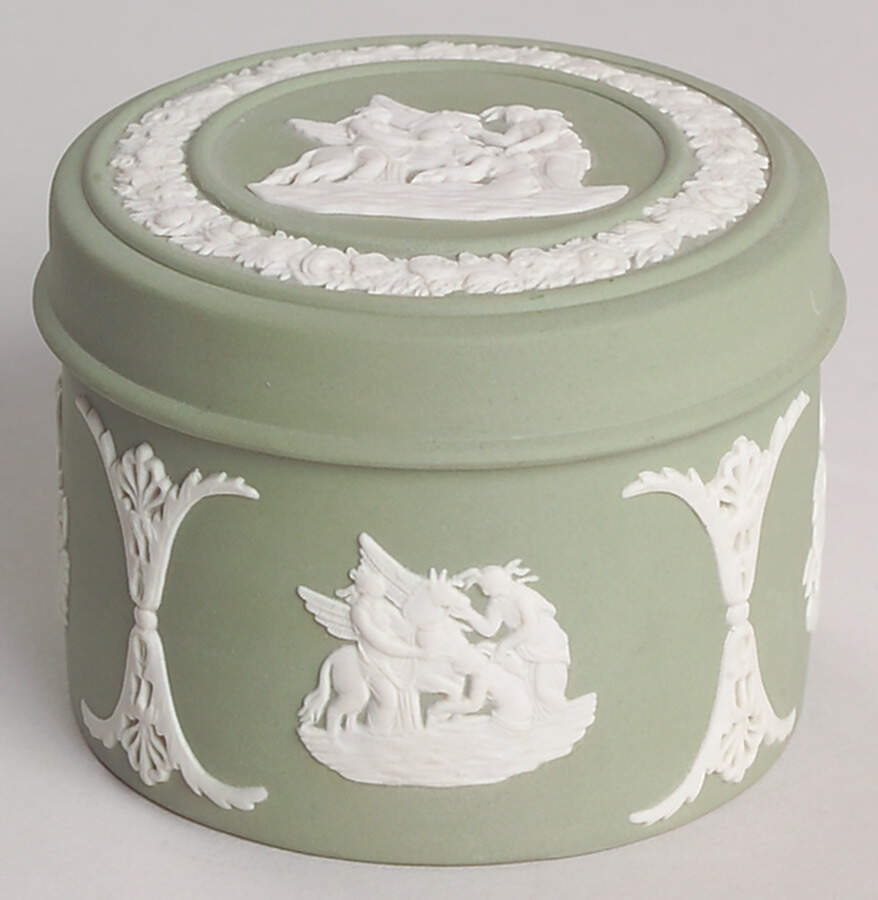 Cream Color on Celadon Jasperware 2" Round Box & Lid by Wedgwood-1